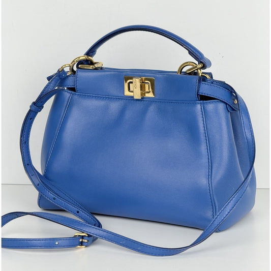 Fendi Nappa Small Peekaboo Iconic Satchel Bag in Blue Leather S17