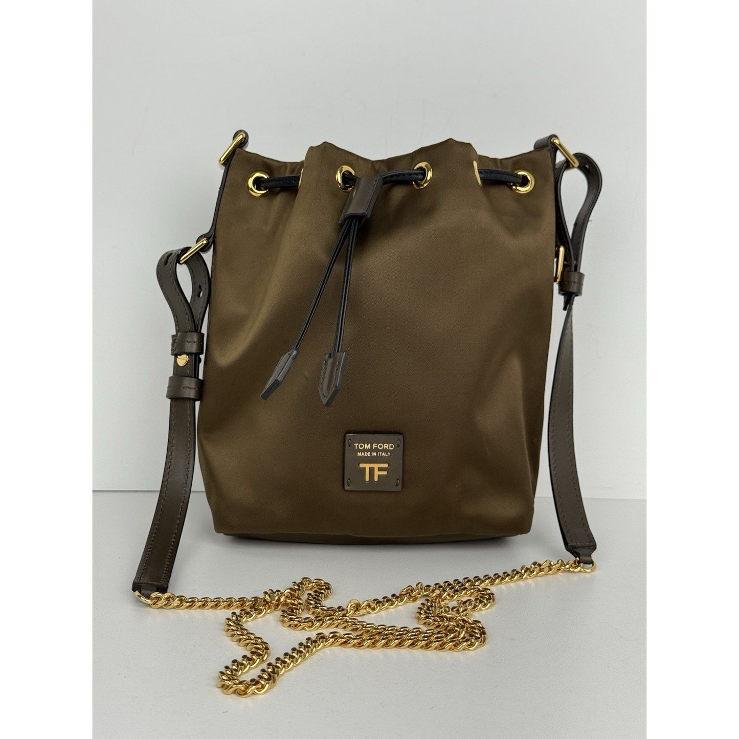 Tom Ford Small Disco Bucket Bag Nylon Khaki Green with Gold Hardware