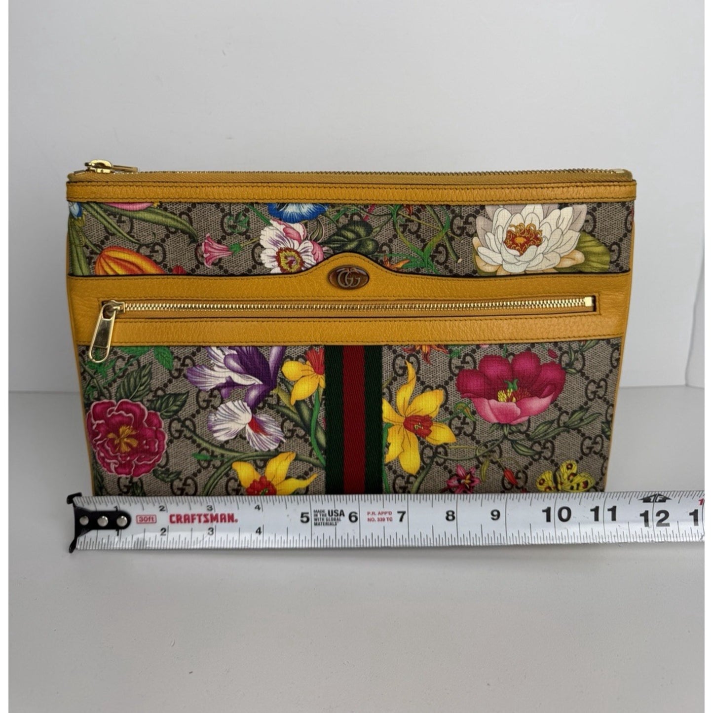 Gucci Large Ophidia Flora GG Pouch Bag in Canvas & Yellow Leather Trim S03