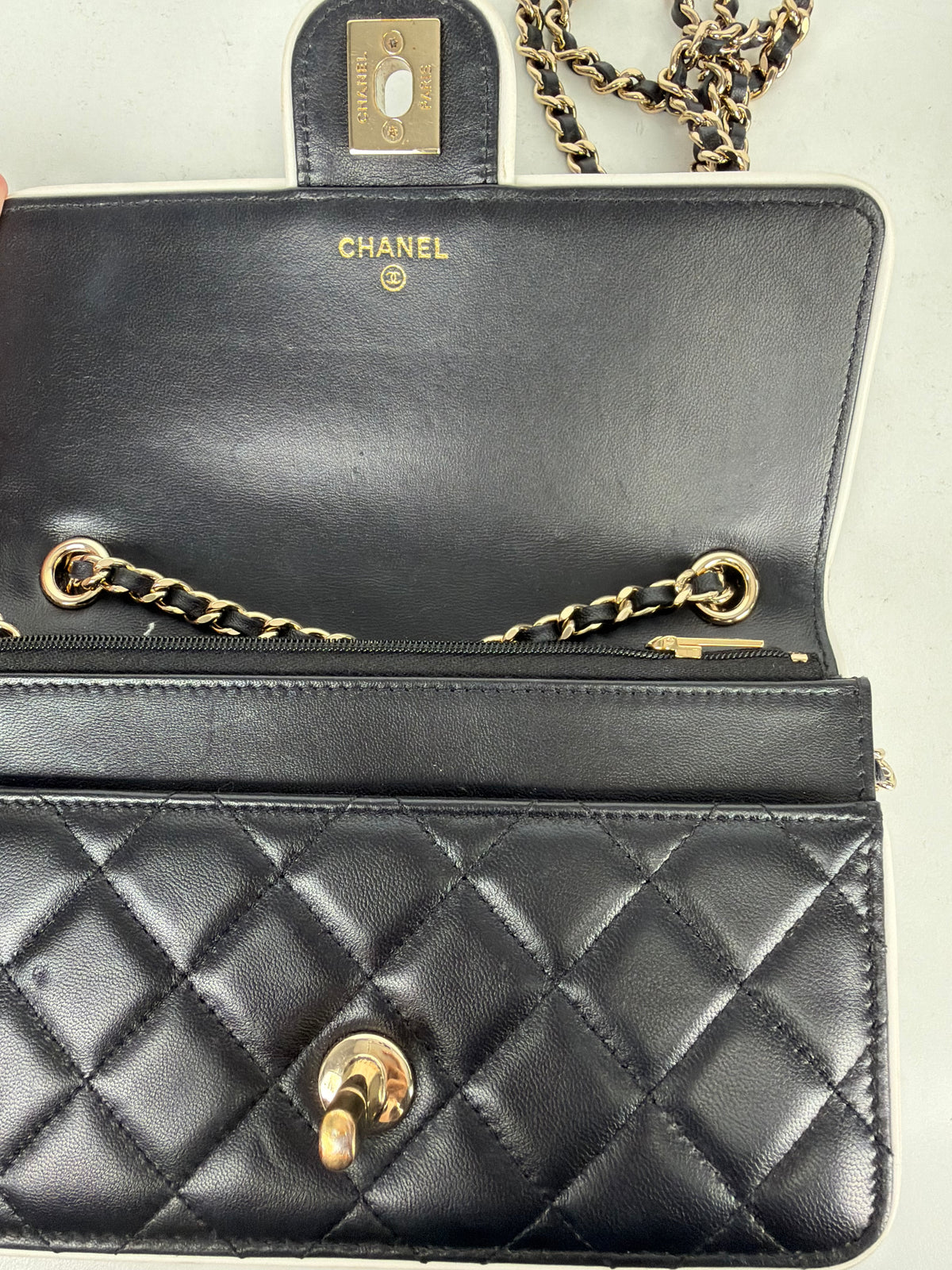 Chanel Wallet on Chain Crossbody Bag in Black & White Quilted Lambskin Leather NFC