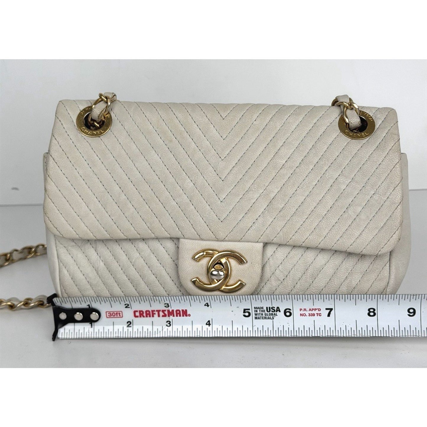 Chanel Chevron Surpique Flap Bag Small in White Lambskin Leather 2015-2016 U2