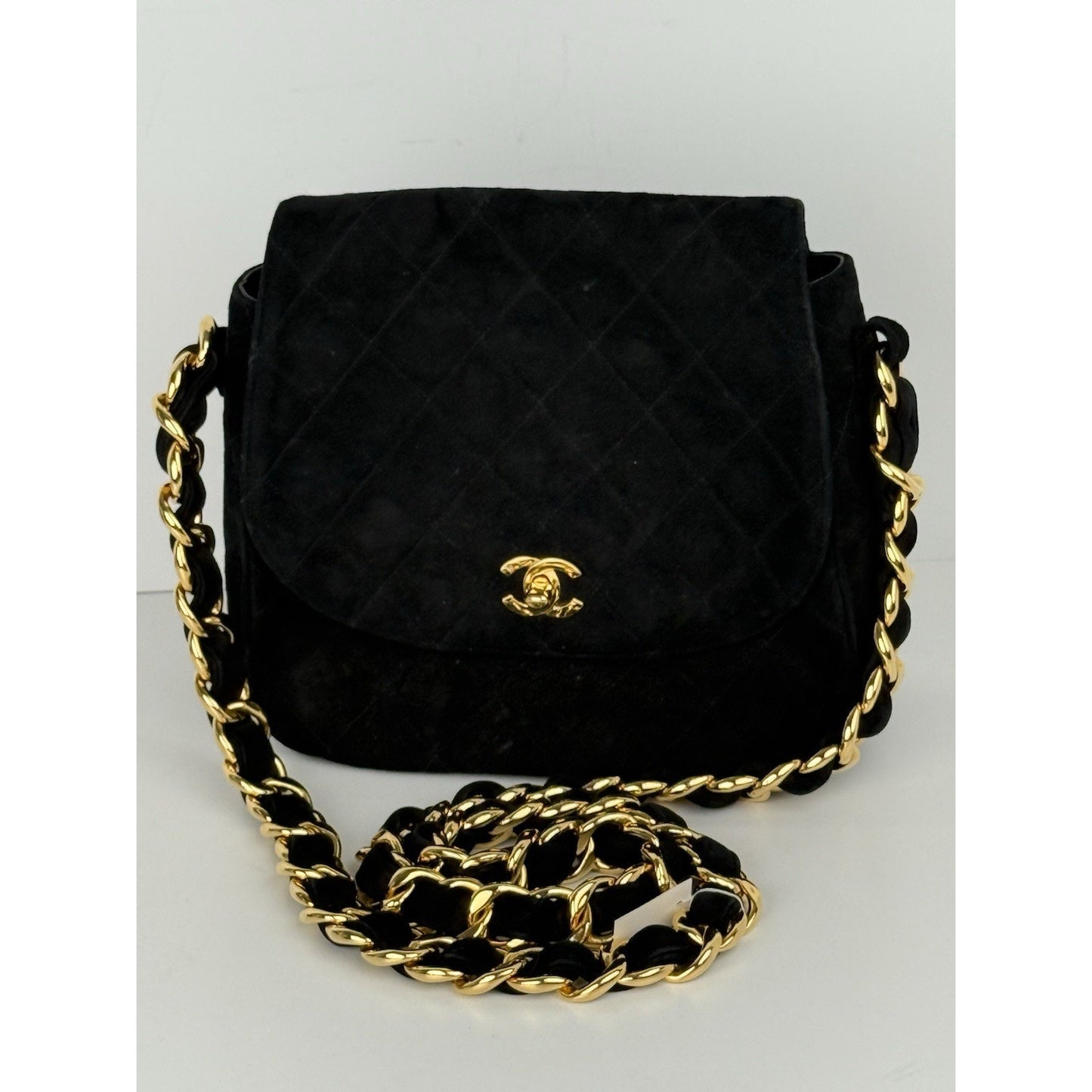 CHANEL Vintage Round Flap Quilted Suede Chain Strap Shoulder Bag