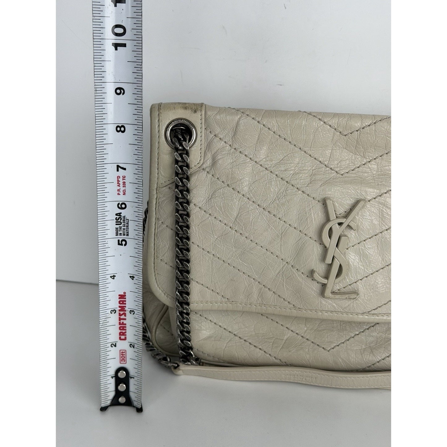 Saint Laurent Niki Medium Chain Satchel Crinkled Calfskin Matelassé Crema C-4