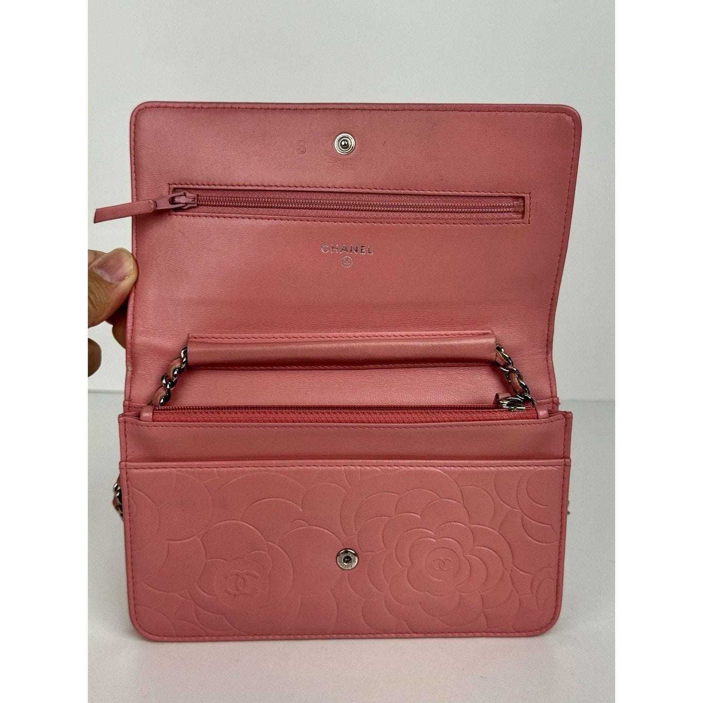 Chanel Camellia Wallet on Chain Pink Embossed Lambskin Silver Hardware B-9
