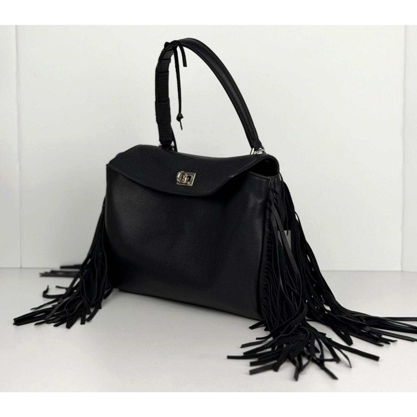 Balenciaga Rodeo HandBag Small in Black Calfskin Leather with Fringe Sides C6