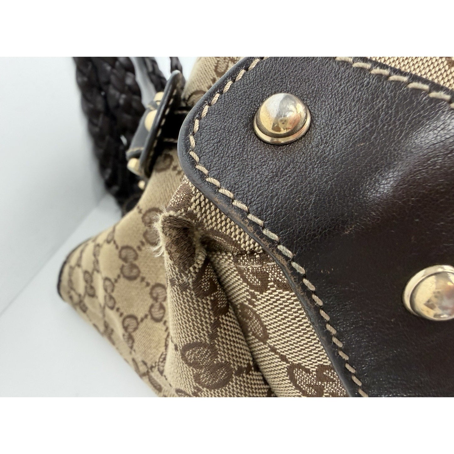 Gucci GG Pelham Shoulder Bag Canvas Braided Leather Handles & Gold Hardware S32