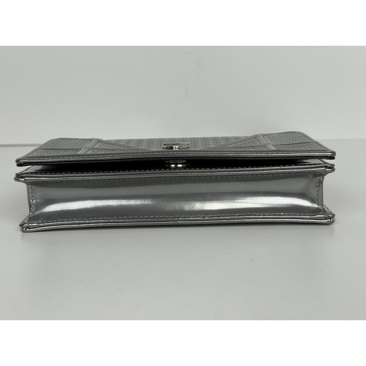 Dior Micro-Cannage Diorama Wallet on Chain Pouch Metallic Silver Patent Leather