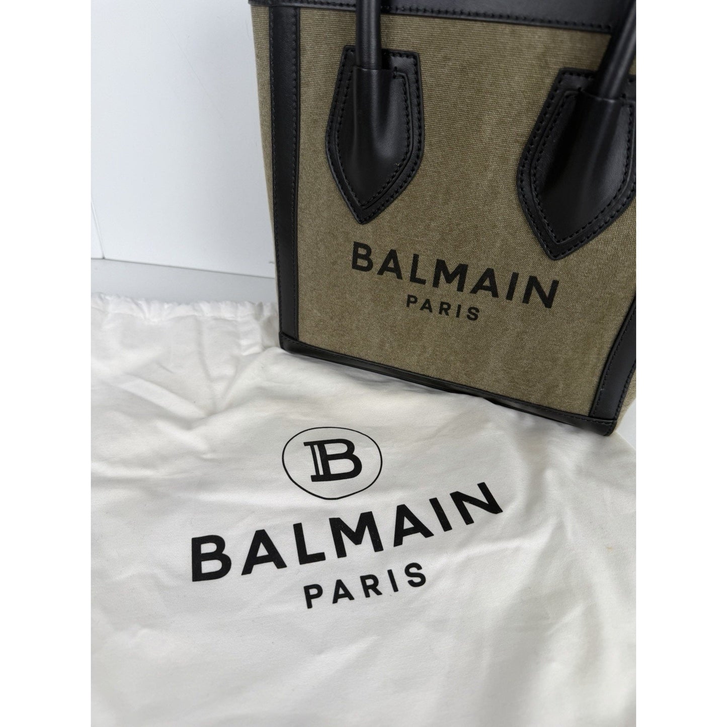 Balmain B-Army Logo Canvas 24 Shopper Tote Bag in Khaki & Black S17