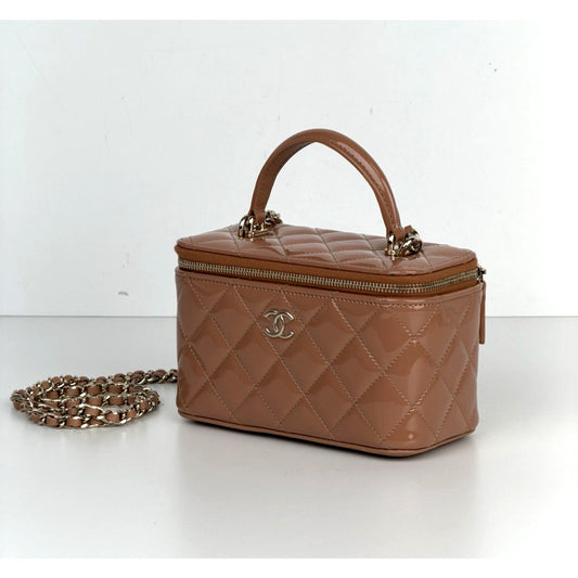 Chanel Vanity Case Small Top Handle Bag in Glossy Beige With Chain NFC B1