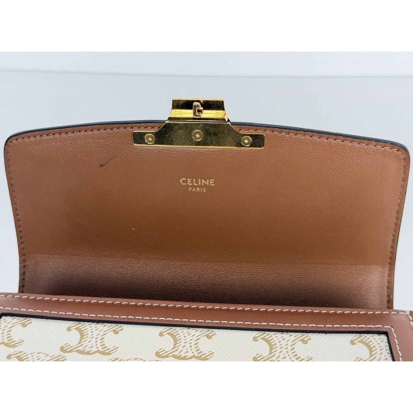 Celine Teen Triomphe Bag in Brown and White Triomphe Canvas and Calfskin S11