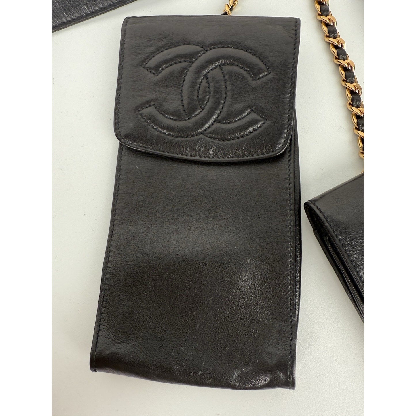 Chanel Vintage 1990 Waist Belt Multi Pouch Black Leather