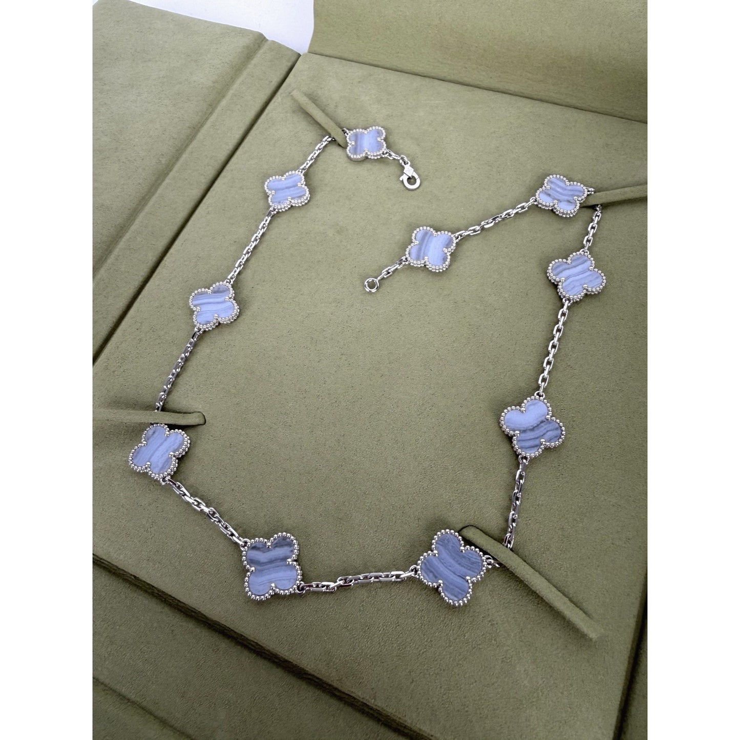 Van Cleef & Arpels Vintage Alhambra 10-Motif Necklace 18k White Gold Chalcedony
