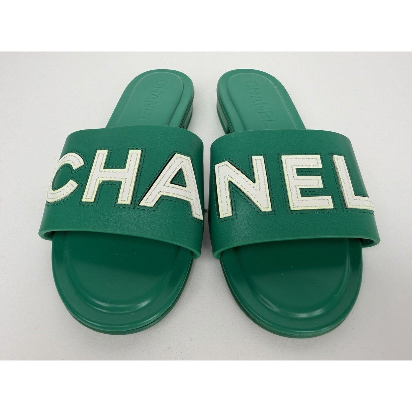 Chanel Mules in Emerald Green Leather with Logo Lettering 36 EU (5.5-6 US)
