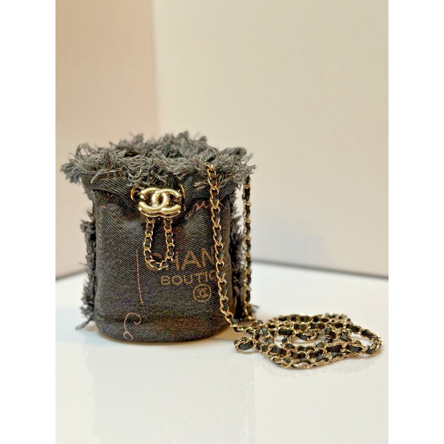 Chanel Mini Denim Moon Bucket Crossbody Bag