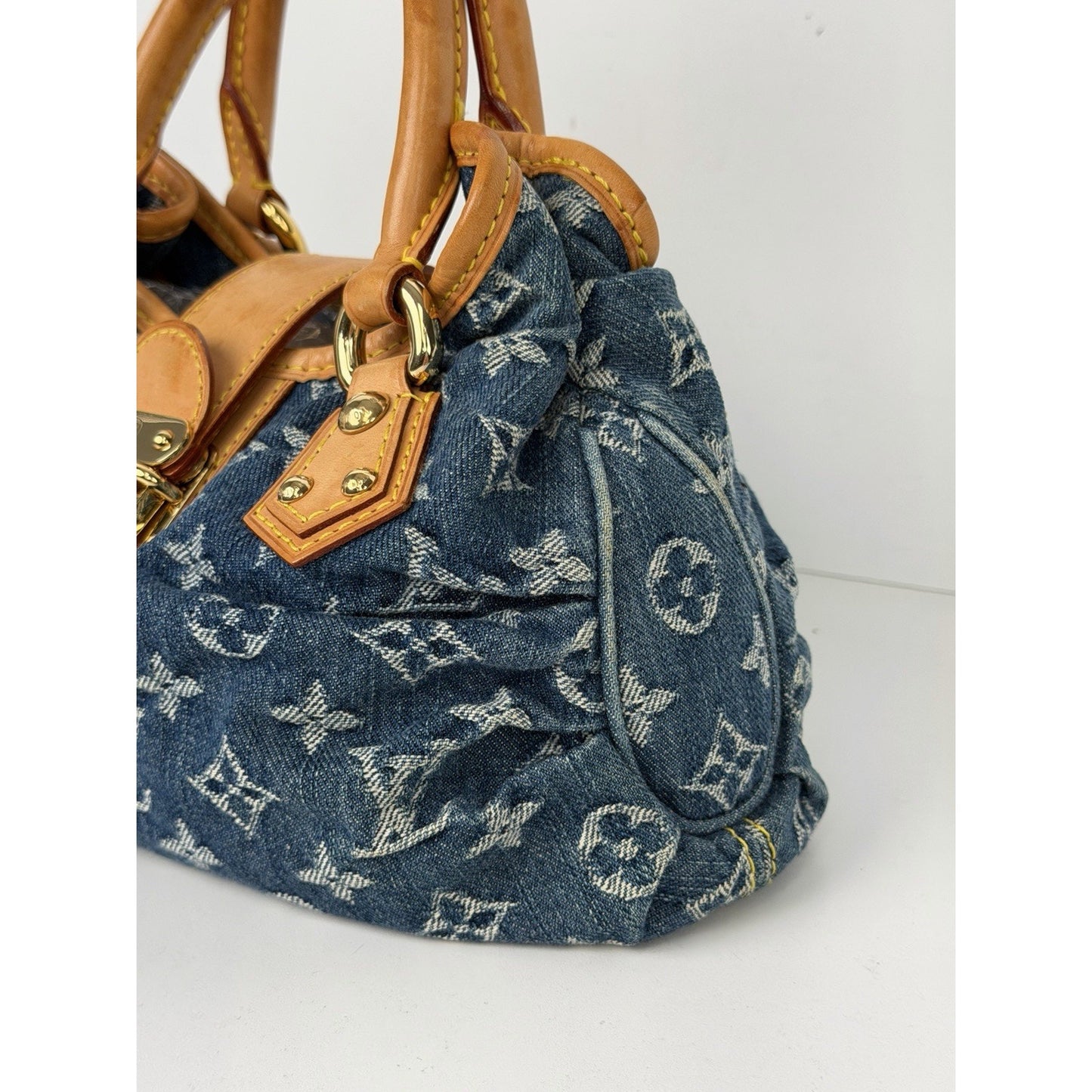 Louis Vuitton Denim Pleaty HandBag Blue Monogram & Gold-Tone Hardware D8