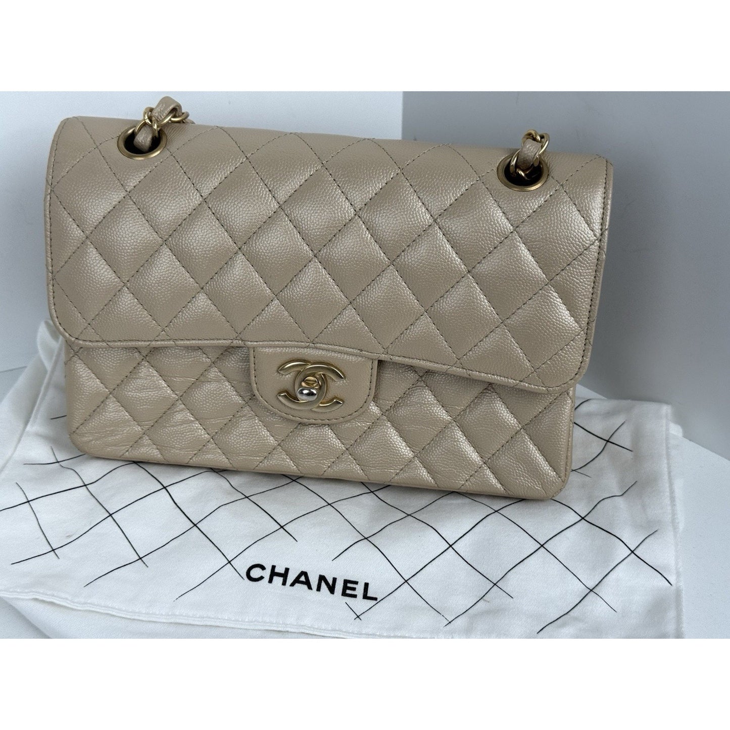 Chanel Timeless Classic Medium Double Flap Bag Beige Caviar Leather B-4
