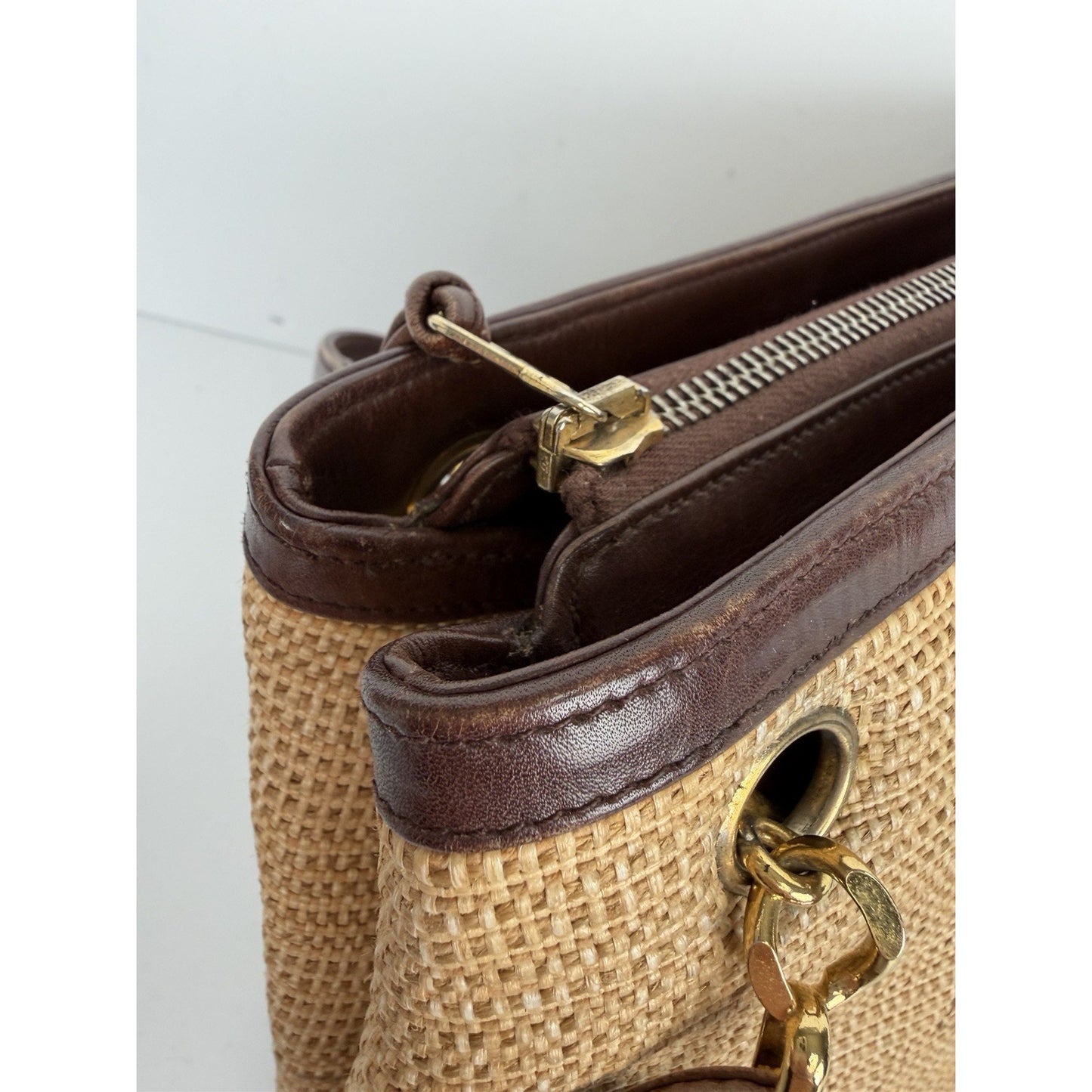 Chanel Raffia-Woven Tote Bag 1994 Vintage Beige Straw & Lambskin Leather Trim E5