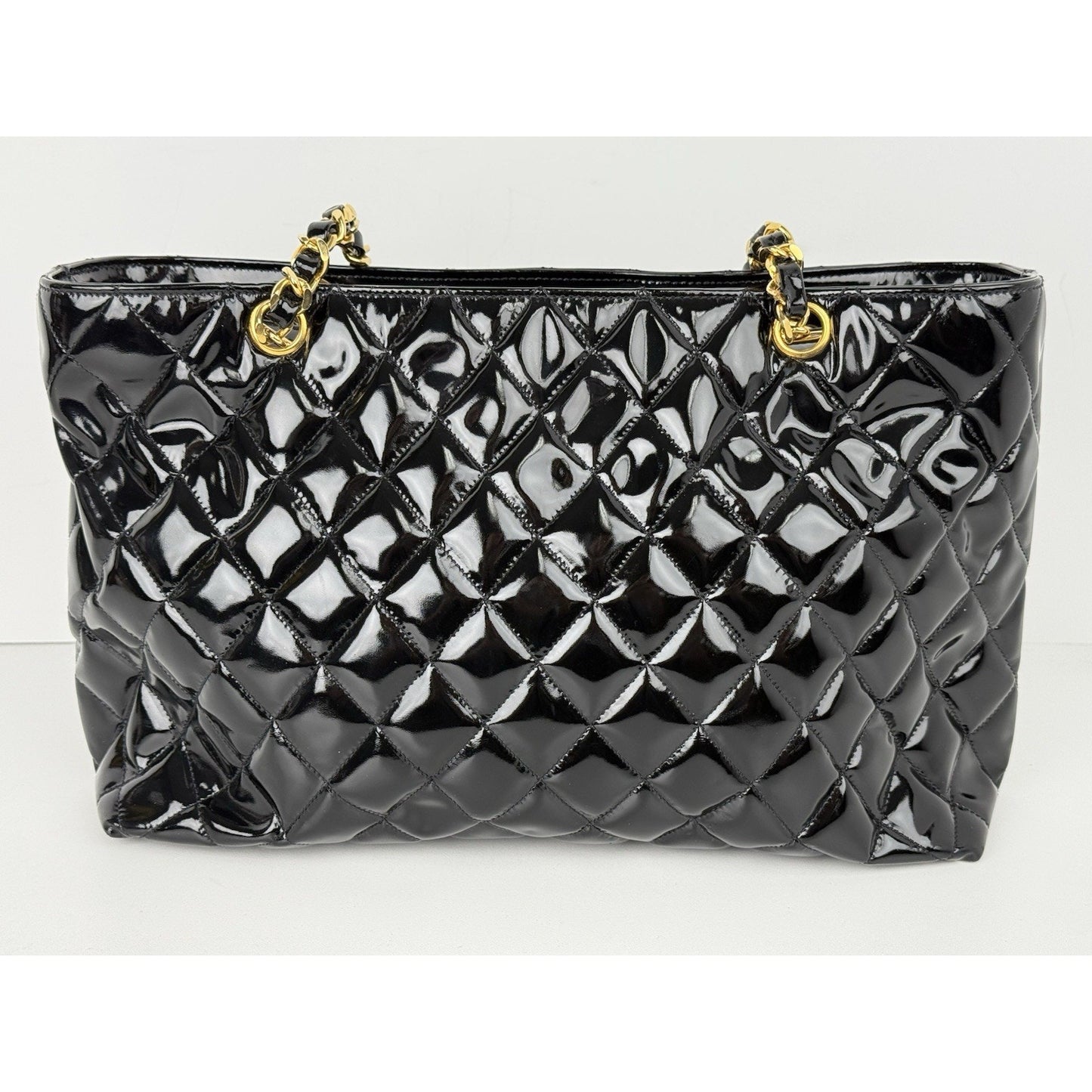 CHANEL Vintage CC Charm Quilted Patent Leather Tote Bag