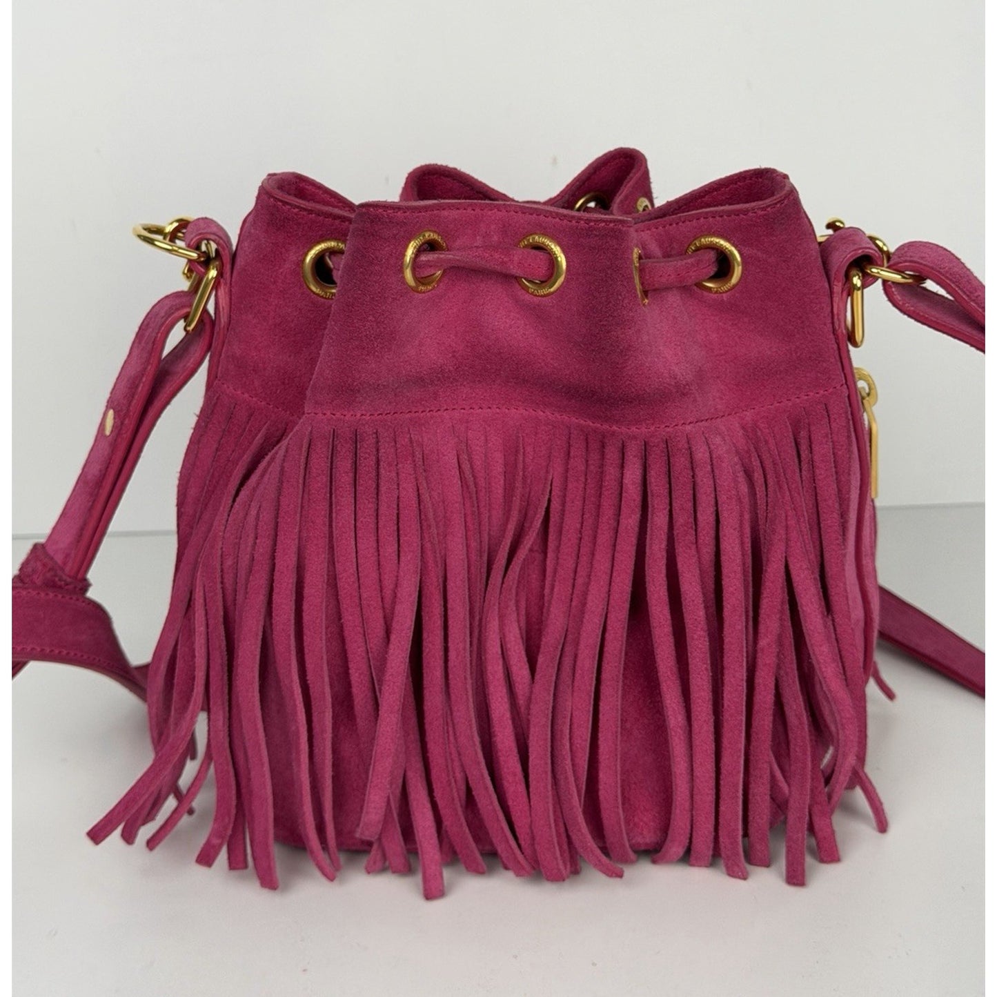 Saint Laurent Emmanuelle Fringe Bucket Bag in Pink Suede F2