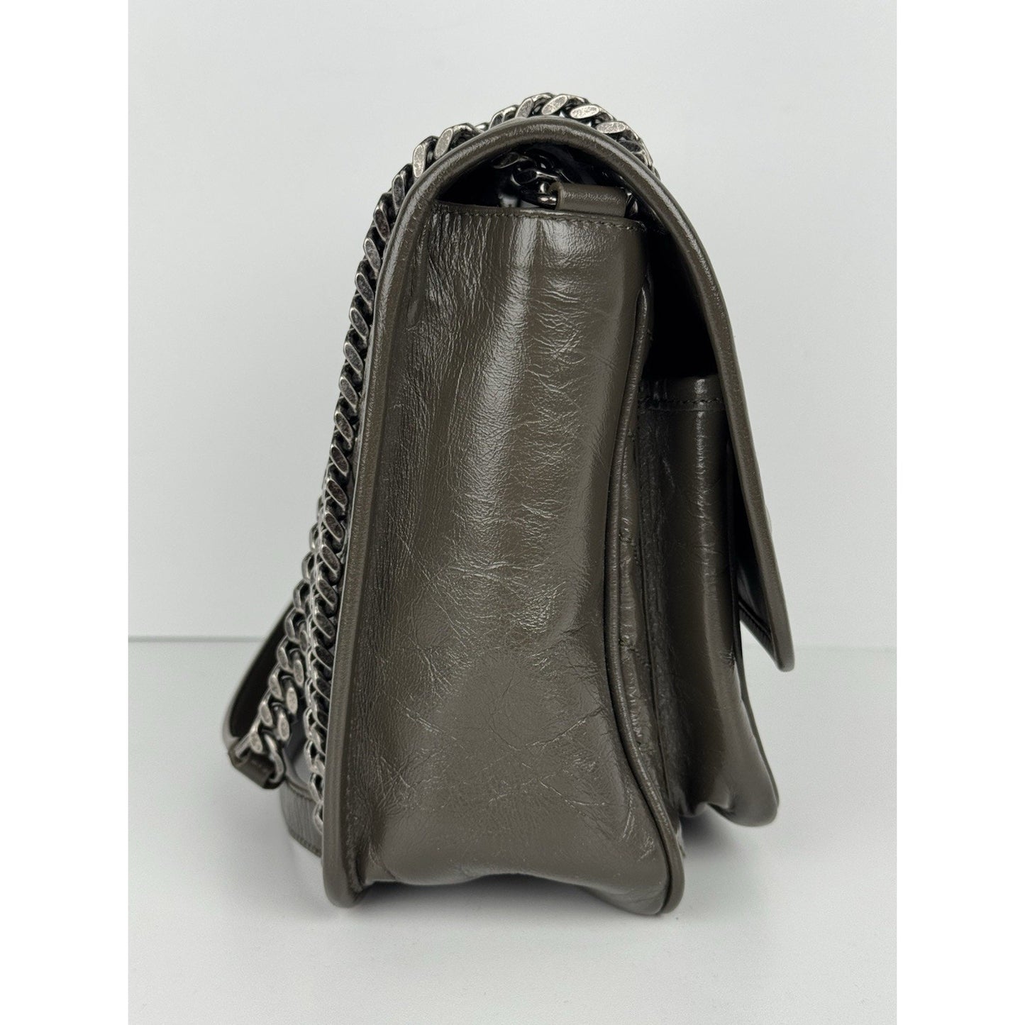 Saint Laurent Niki Medium Crinkled Matelassé Chain Satchel Dark Green C-6