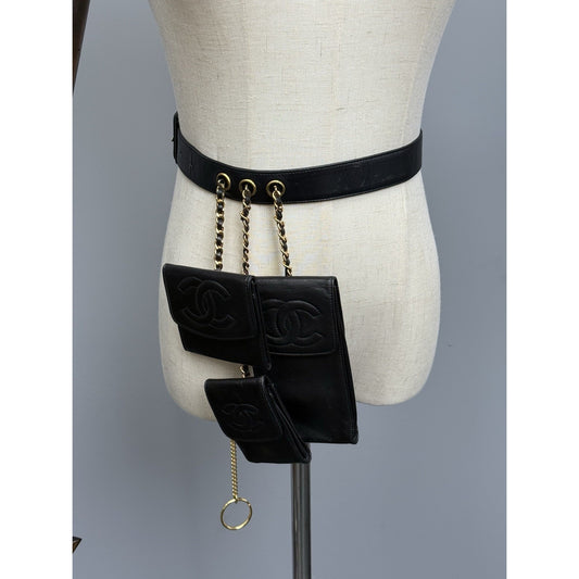 Chanel Vintage 1990 Waist Belt Multi Pouch Black Leather