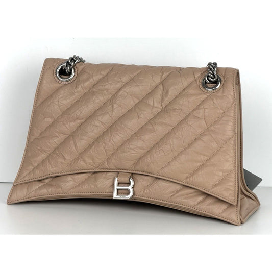 Balenciaga Large Crush Quilted Leather Chain Shoulder Bag Light Beige E7