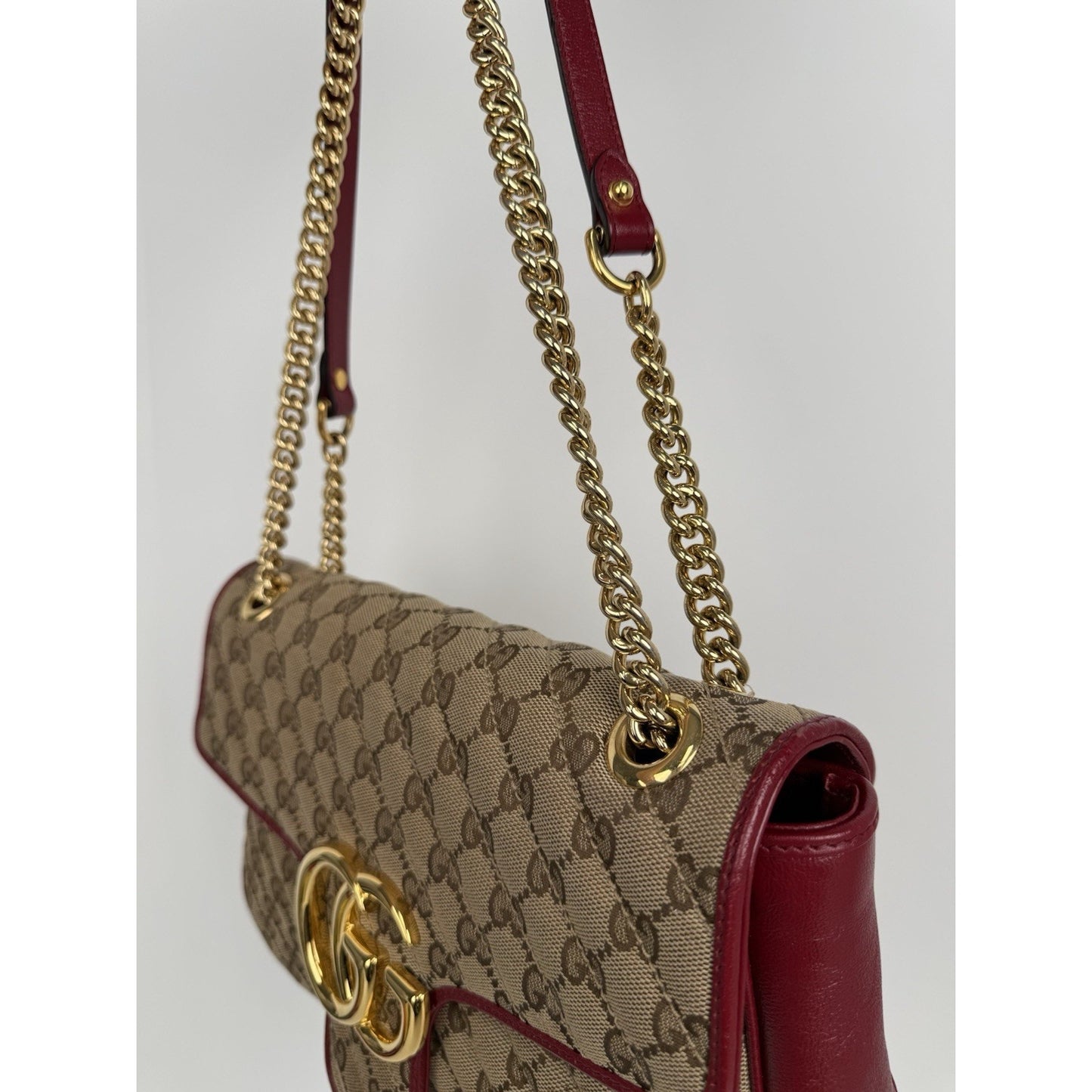 Gucci GG Marmont Monogram Matelassé Diagonal Shoulder Bag Beige and Red