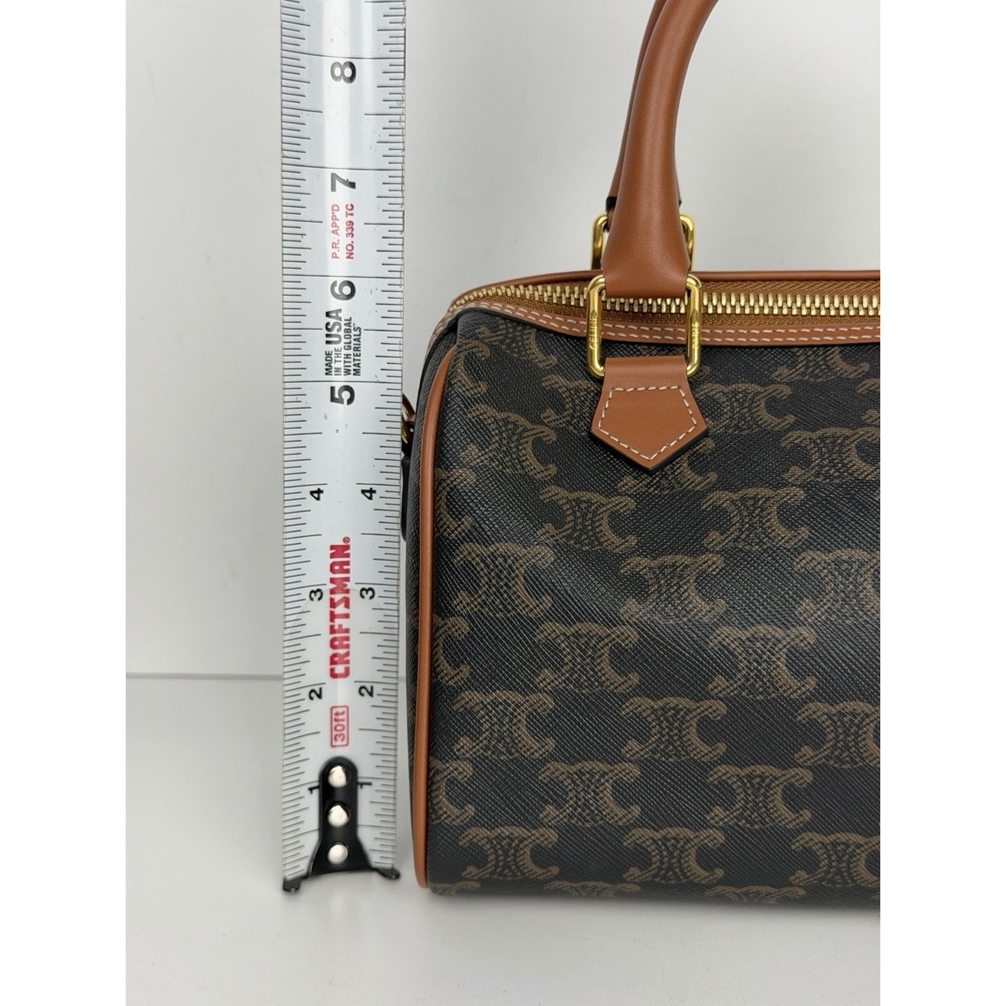 CELINE Small Boston Bag in Triomphe Canvas and Calfskin Leather E4