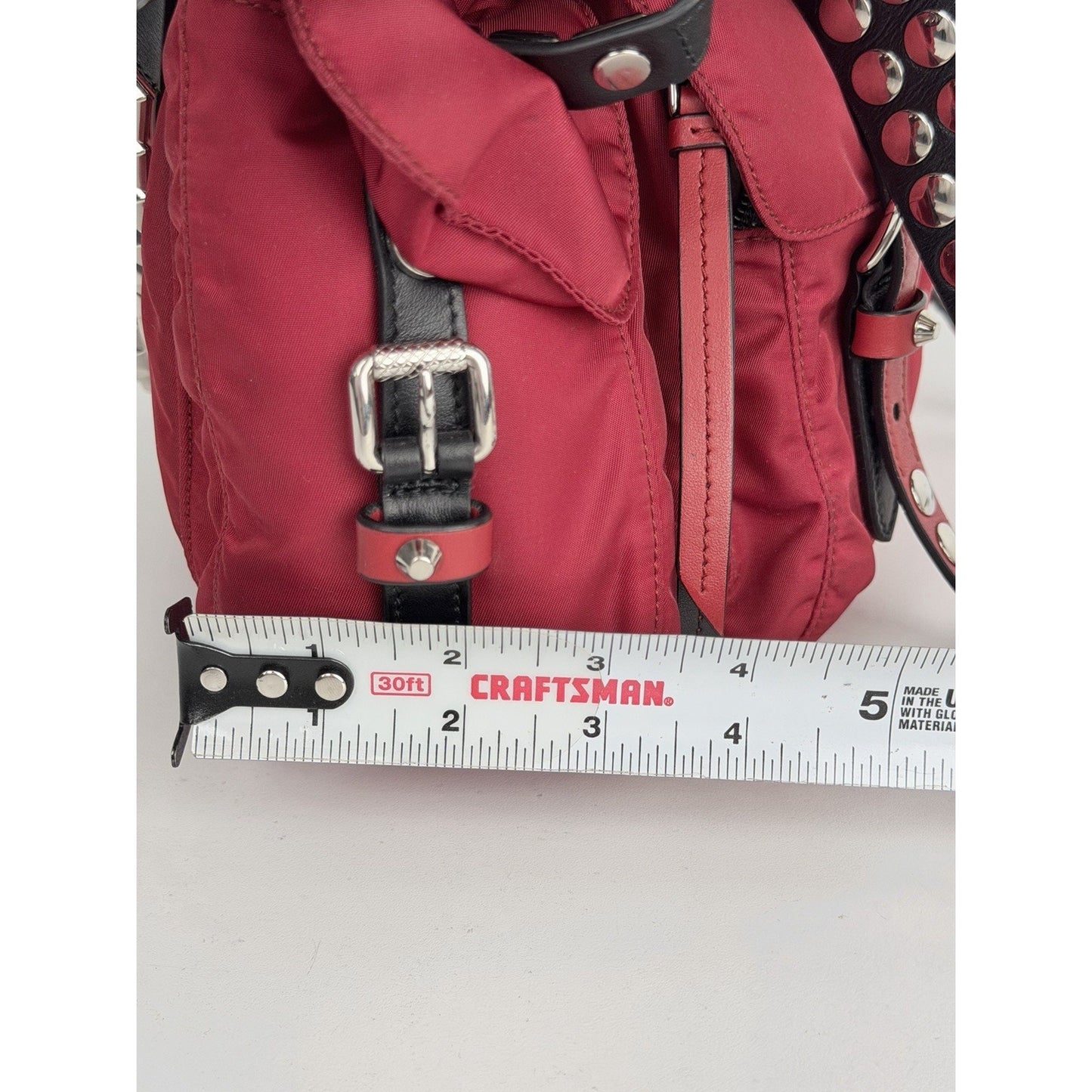 Prada New Vela Studded Messenger Medium in Cherry Red Nylon and Leather Trim S