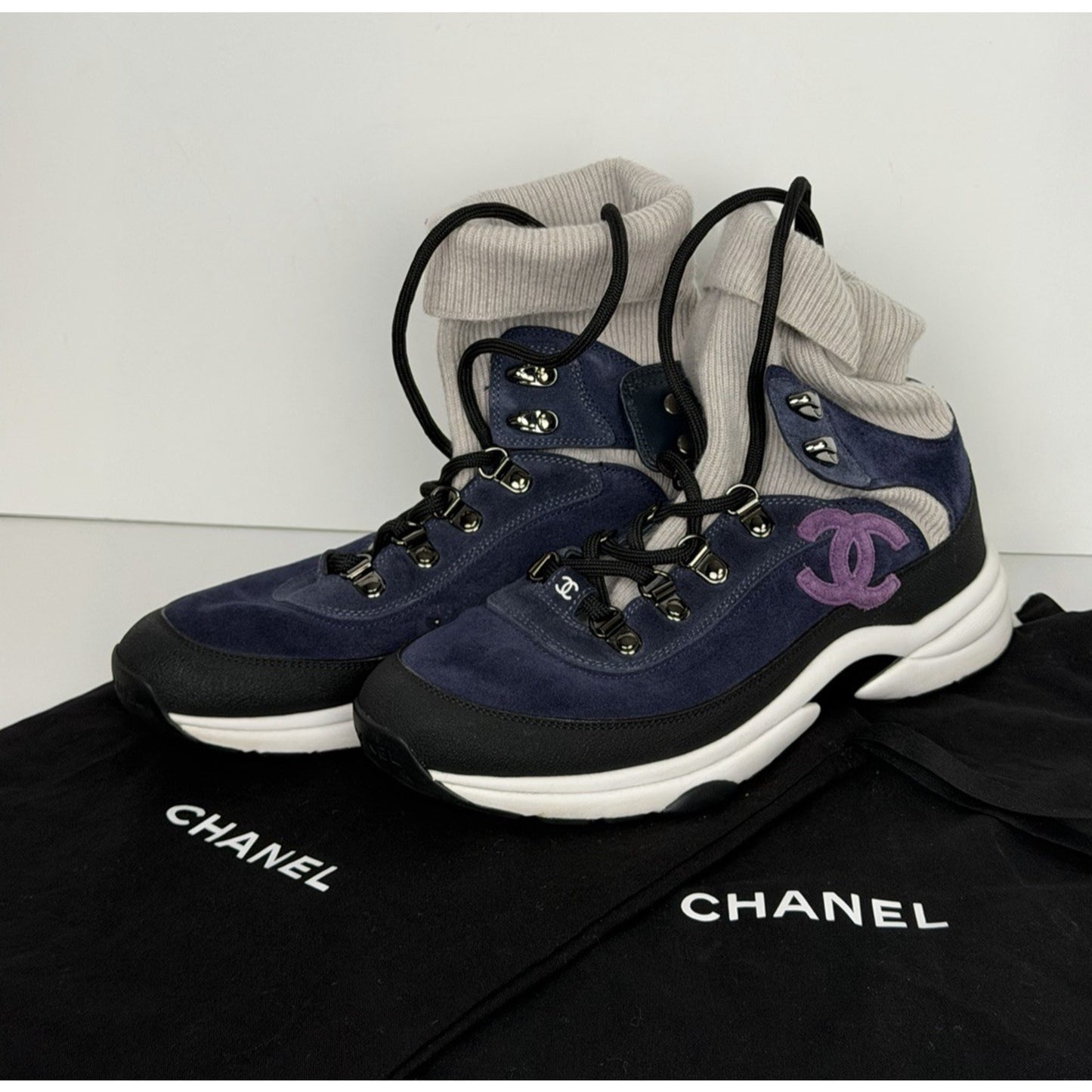 Chanel Suede Calfskin Knit Sock CC Sneakers in Blue and Grey 38EU (7.5-8US)