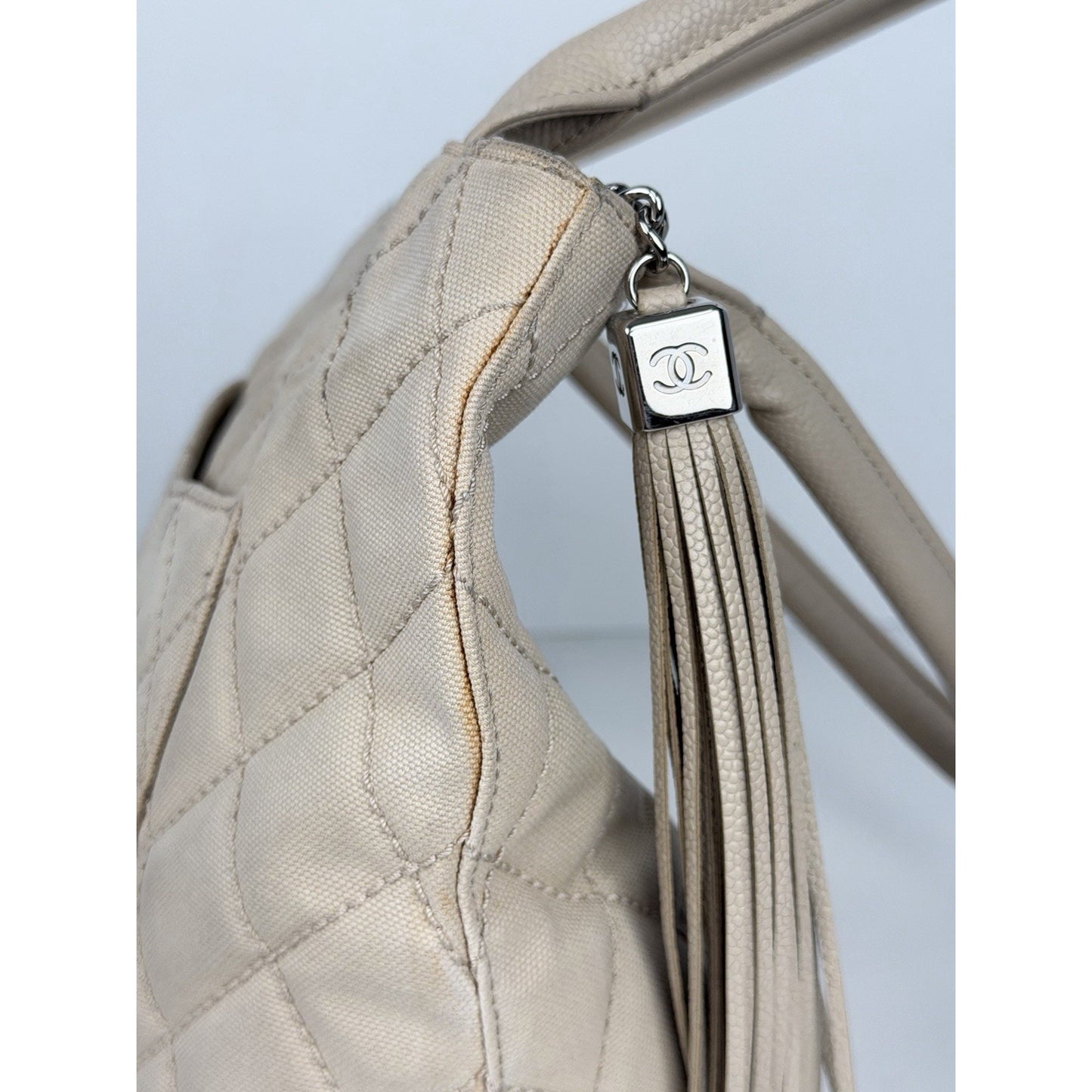 Chanel Quilted Caviar Logo and Canvas Medallion Tote Handbag Beige 2004-2005 C7