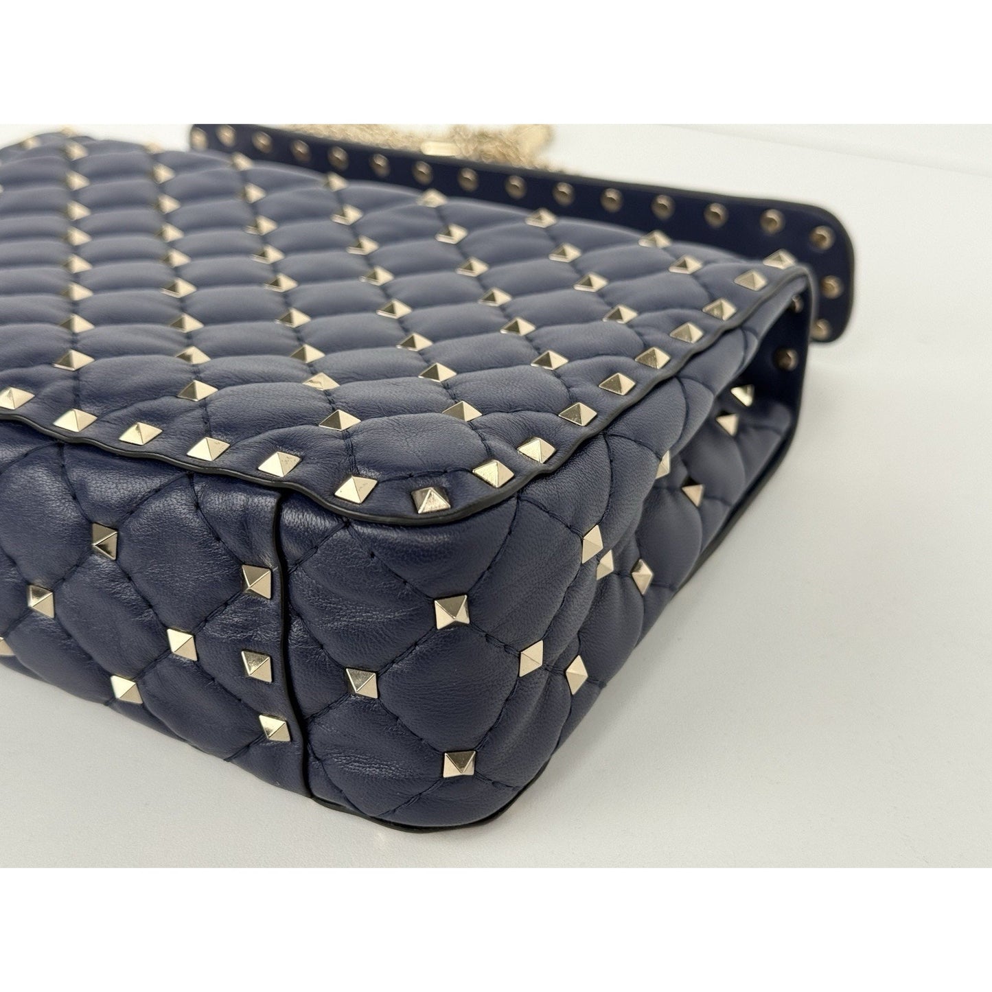 Valentino Garavani Nappa VLTN Print Medium Rockstud Spike Shoulder Bag Navy Blue
