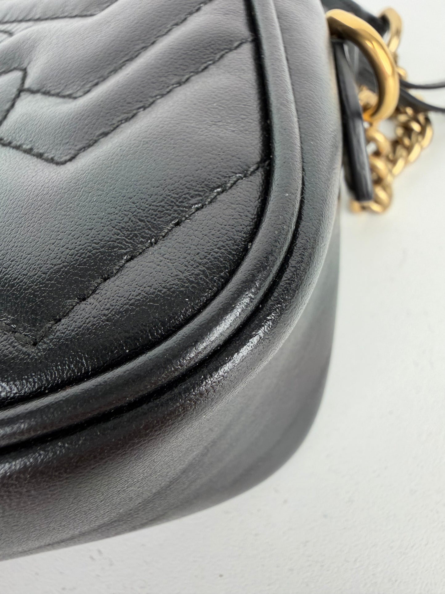 Gucci GG Marmont Mini Camera Bag in Black Chevron-Quilted Calfskin Leather S-17