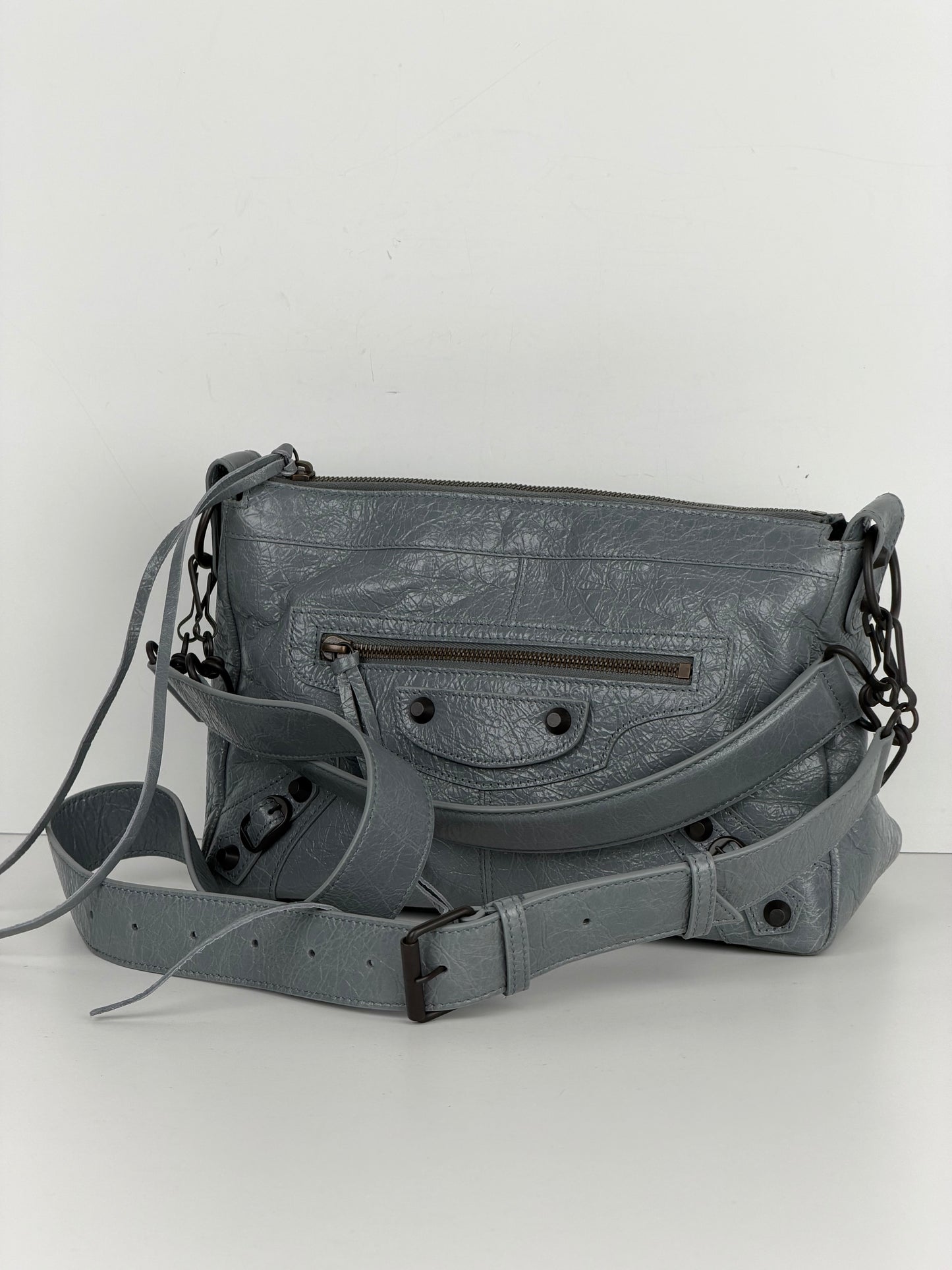 Balenciaga Le City Moto Shoulder Bag Small in Blue-Gray Crinkled Leather YC-5