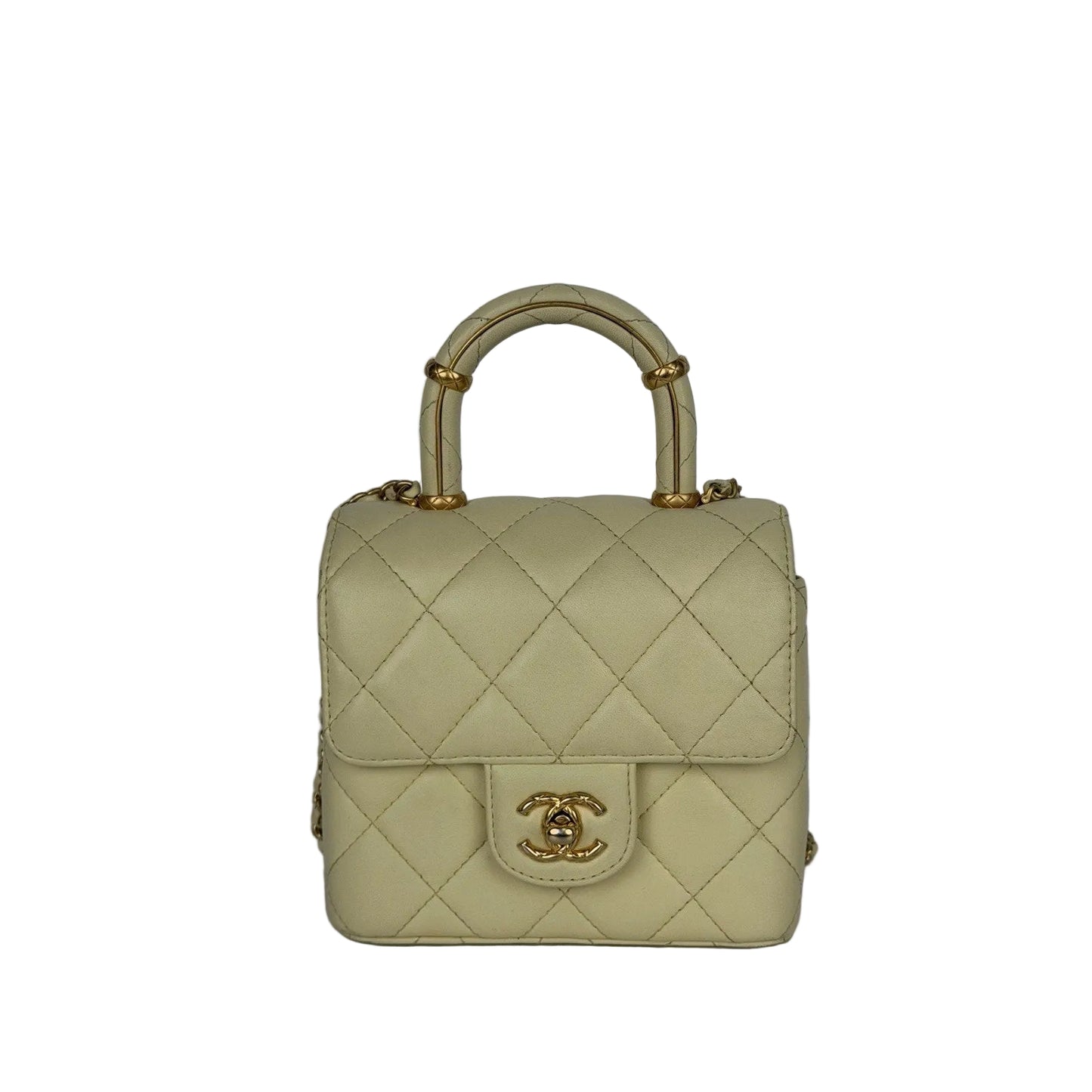 Chanel Crush Top Handle Mini Flap Bag in Pale Yellow or Ivory Leather D5