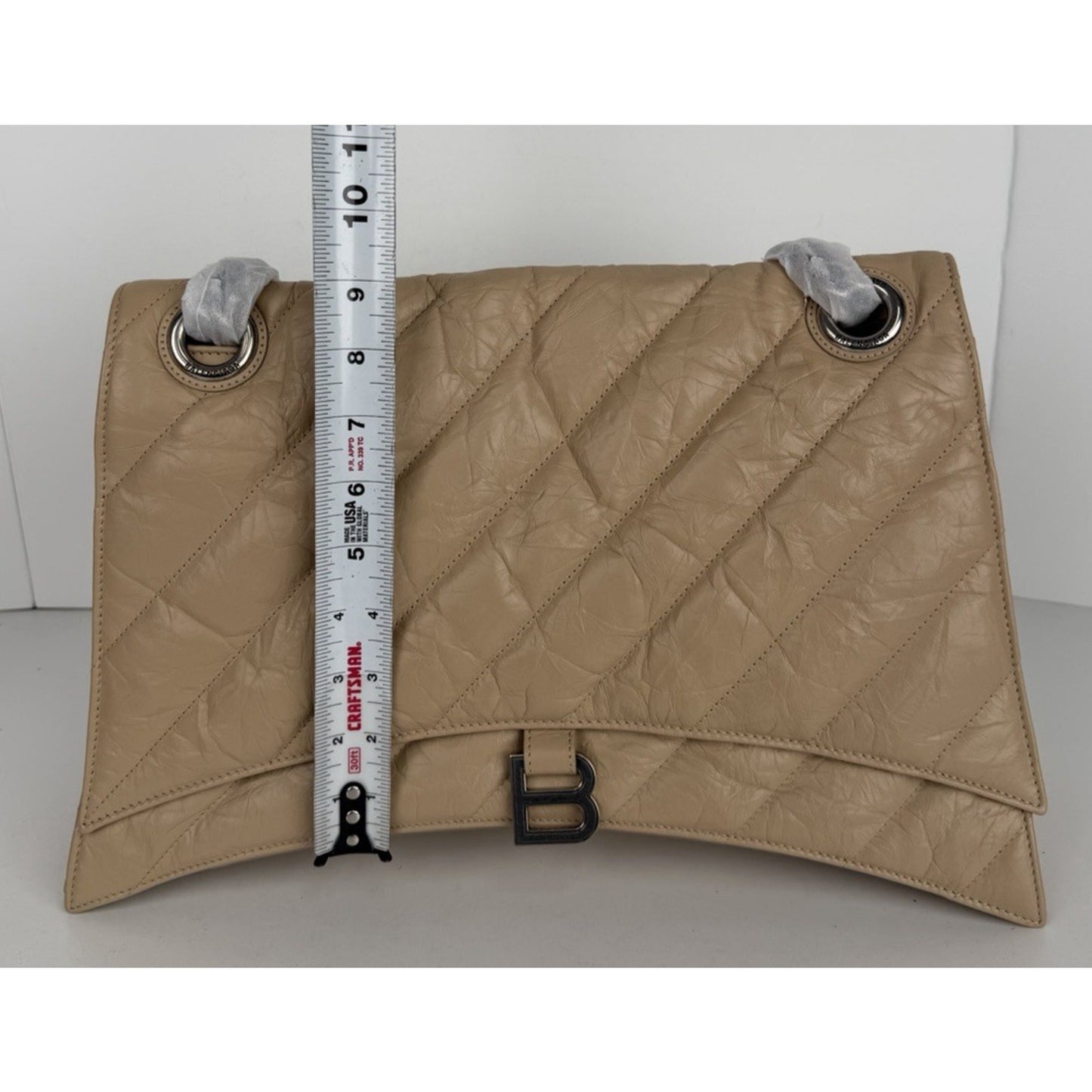 Balenciaga Large Crush Quilted Leather Chain Shoulder Bag in Light Taupe B3
