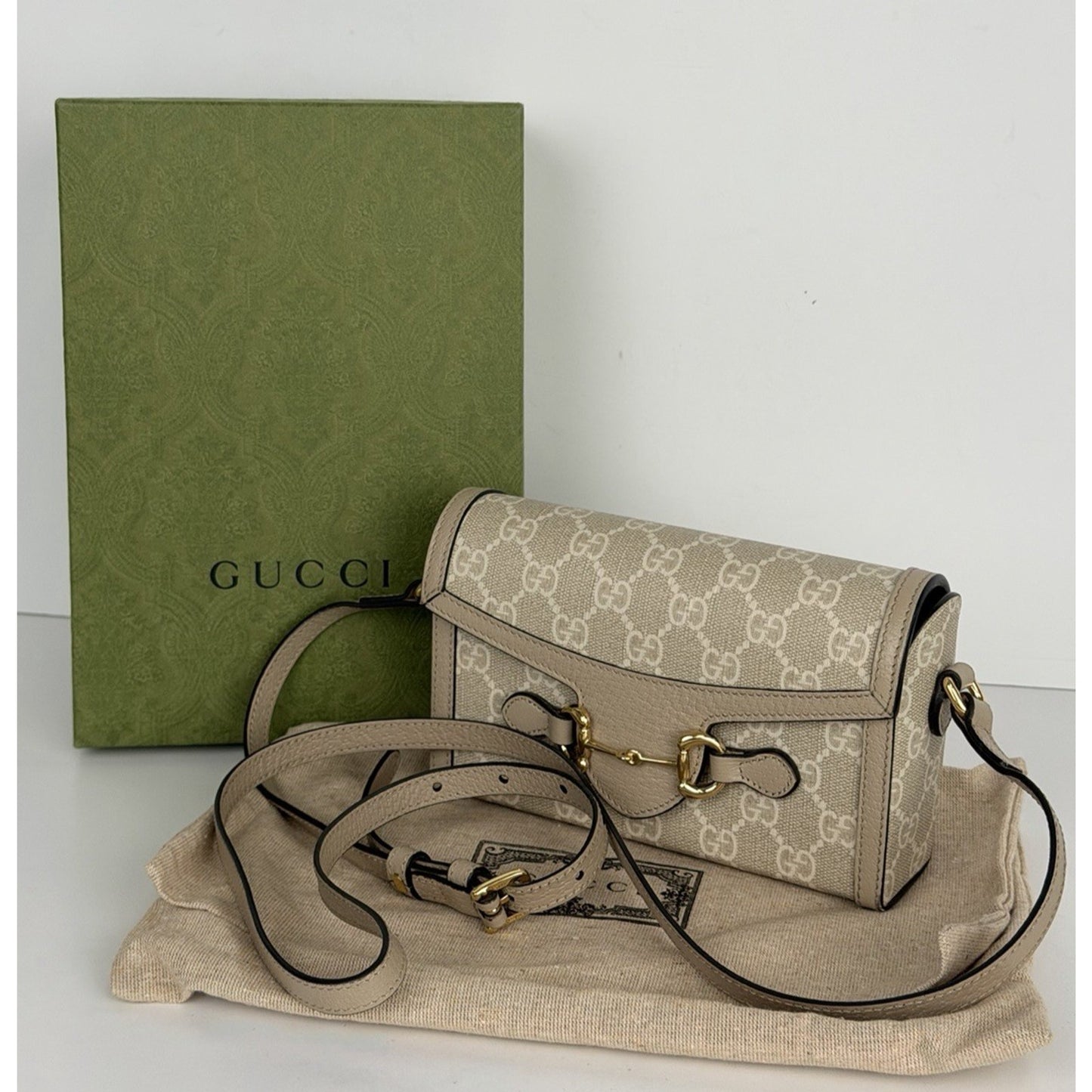 Gucci Horsebit 1955 Mini Bag in Beige and White GG Supreme Coated Canvas S