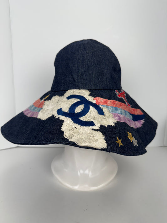 Chanel Nights Flight Hat in Embroidered Denim Size M Y