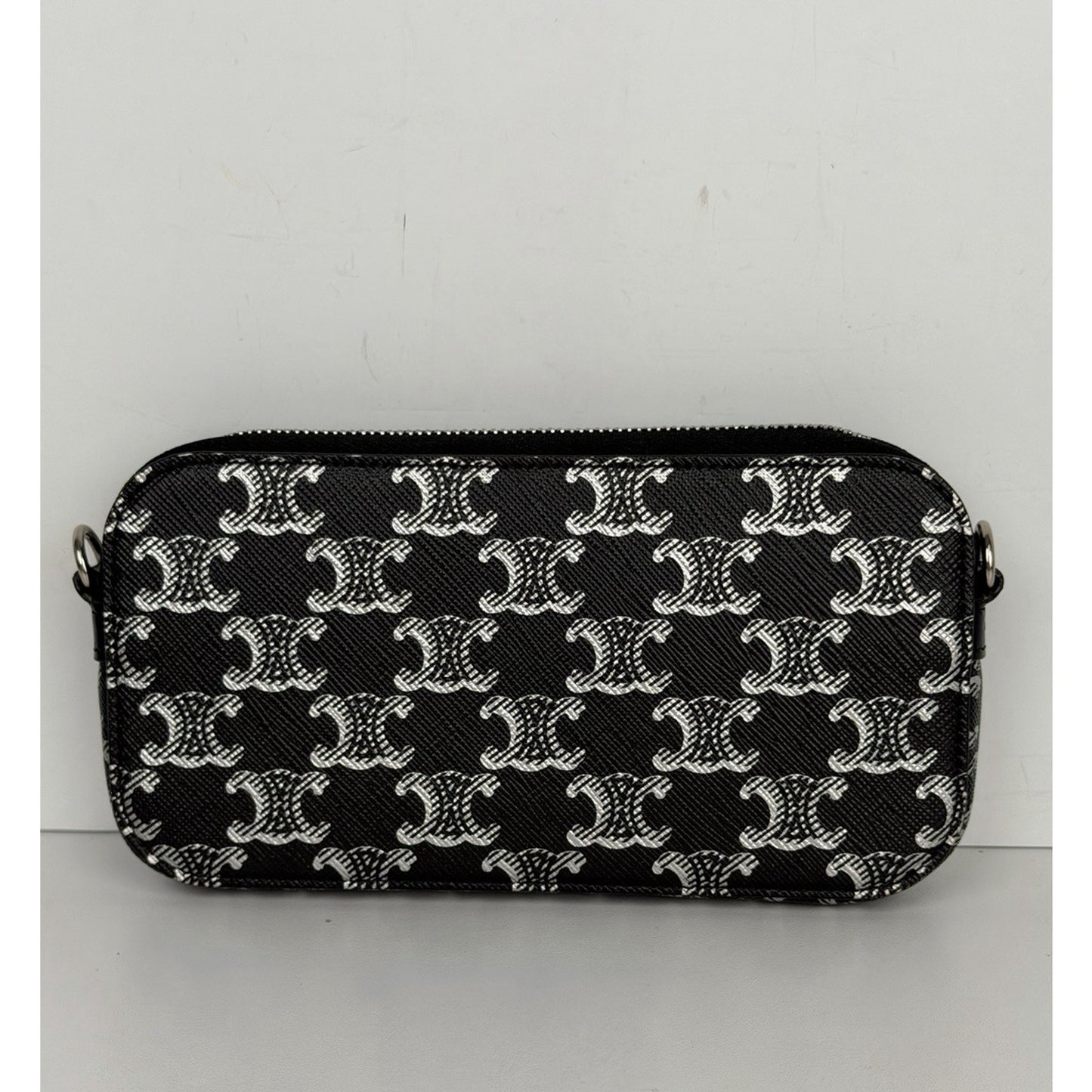 Celine Triomphe Horizontal Pouch Black Coated Canvas Smooth Calfskin Trim K2