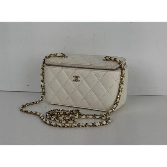 Chanel Vanity Case with Chain Small White Quilted Leather & Diamond Pattern D4