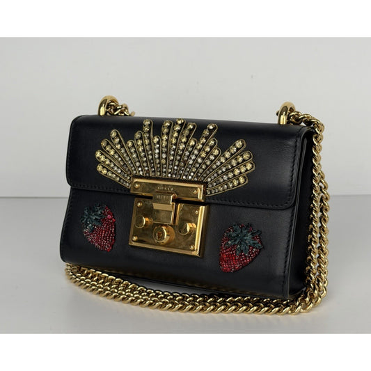 Gucci Embellished Leather Strawberry Padlock Shoulder Bag in Black Leather S07