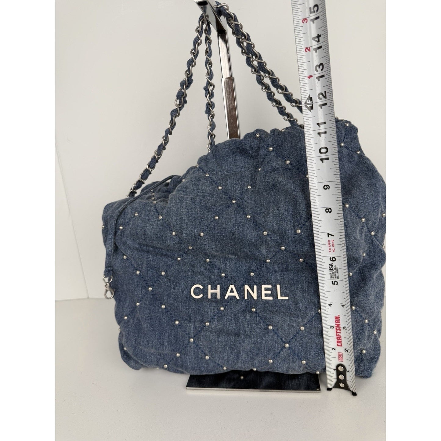Chanel 22 Small Shoulder Hobo Bag in Denim With Studs and With a Pouch NFC E-3