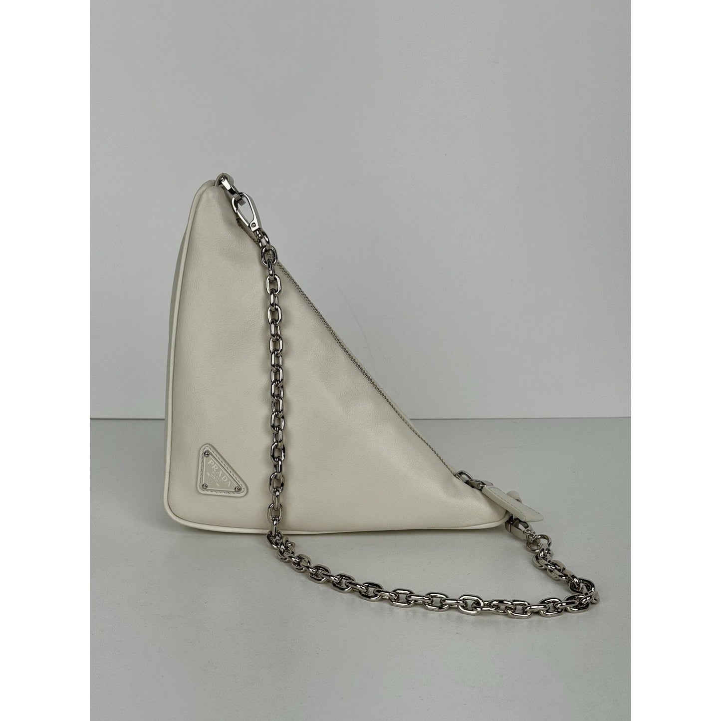 Prada Triangle Logo Shoulder Bag Ivory Leather Silver Hardware