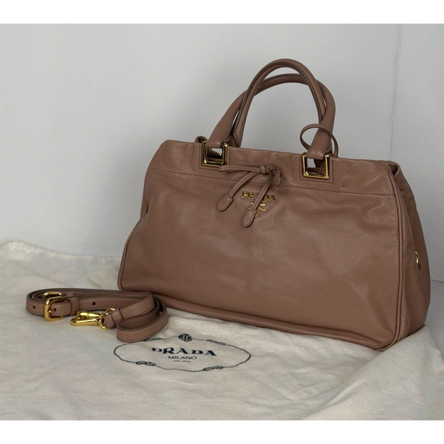 Prada Vitello Bow Satchel On Calf Leather Pink Handbag S05