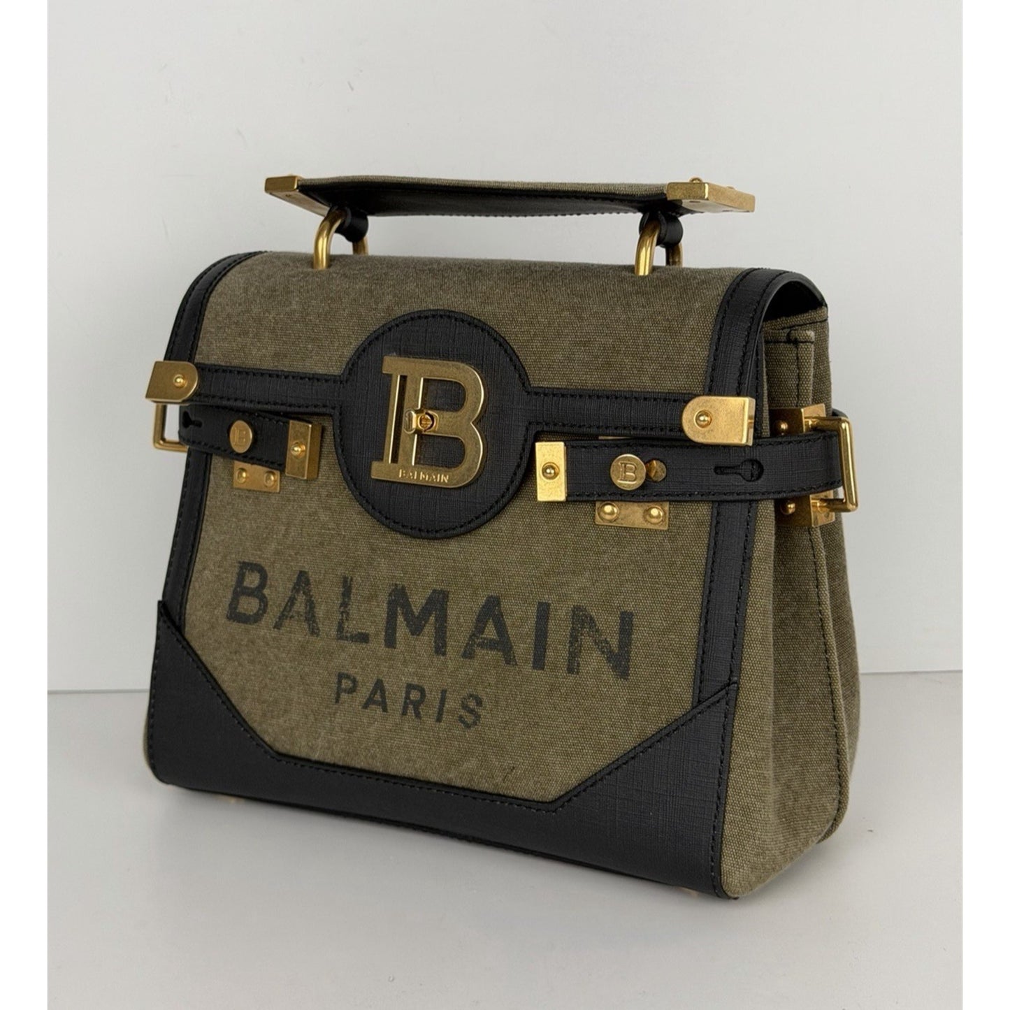 Balmain B-Buzz 23 Bag in Khaki Canvas & Black Leather with Gold-Tone Hardware S4