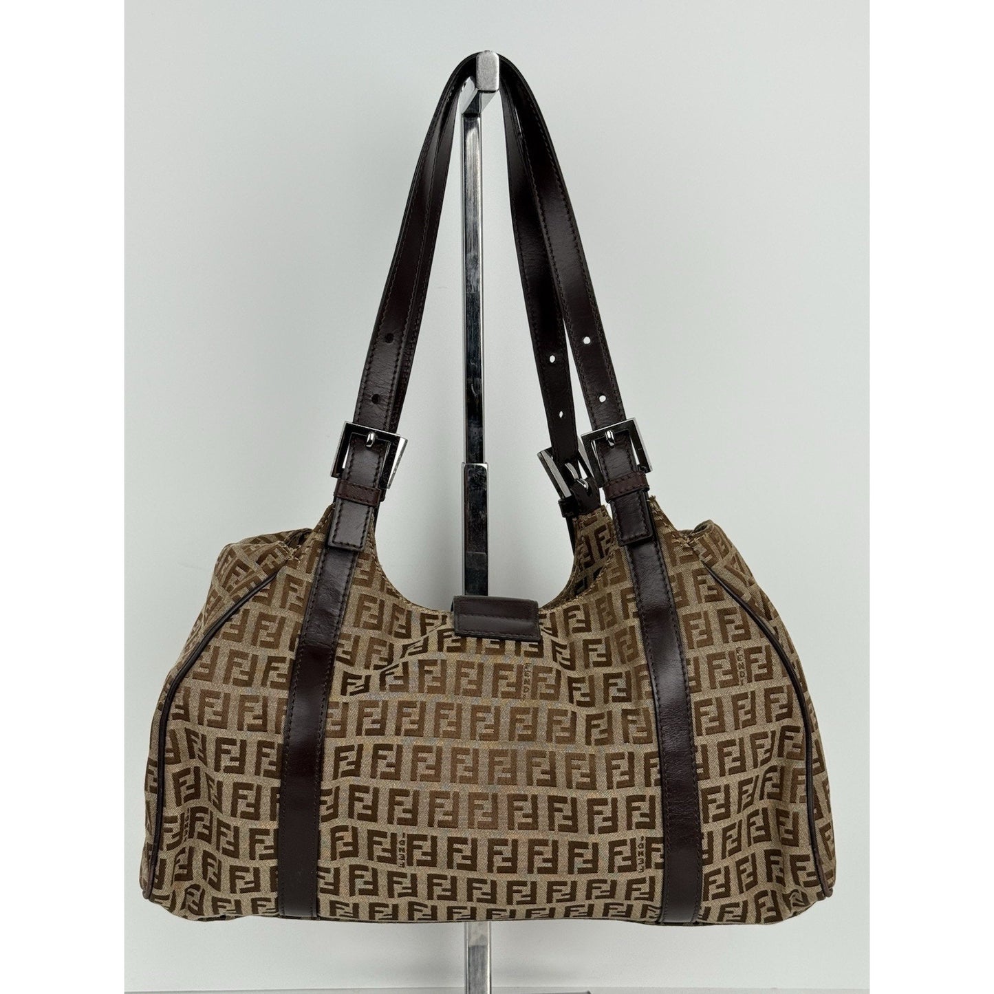 Fendi Zucchino Canvas Monogram Bag with Leather Trim and Silver Hardware