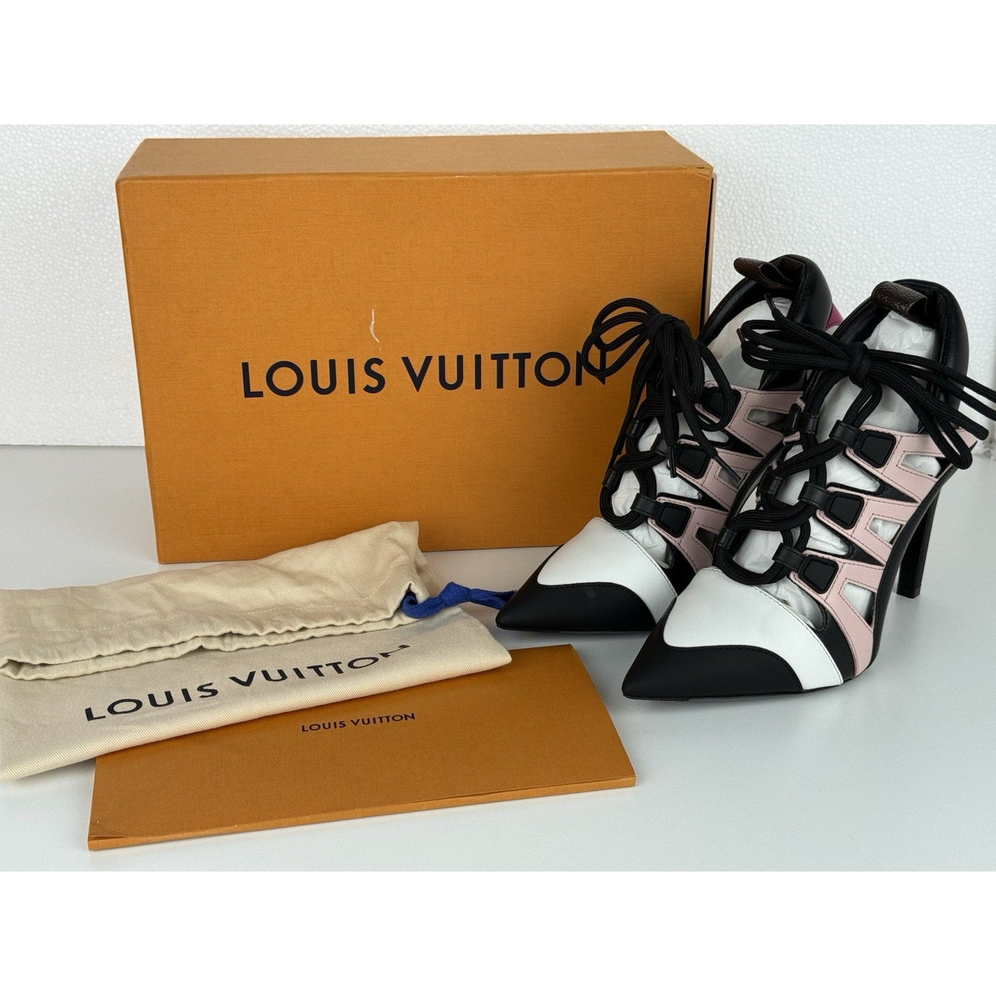 LOUIS VUITTON Lace Up Pumps Women's Booties Pink Black White Size 37 / 7