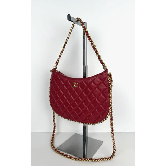 Chanel Hobo Bag Chain Around Large in Red Quilted Lambskin Leather NFC B2