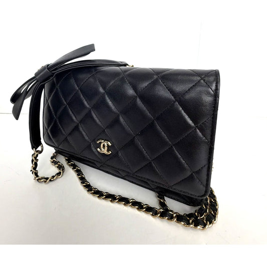 Chanel Lambskin Quilted Bow Wallet on Chain (WOC) in Black NFC F2