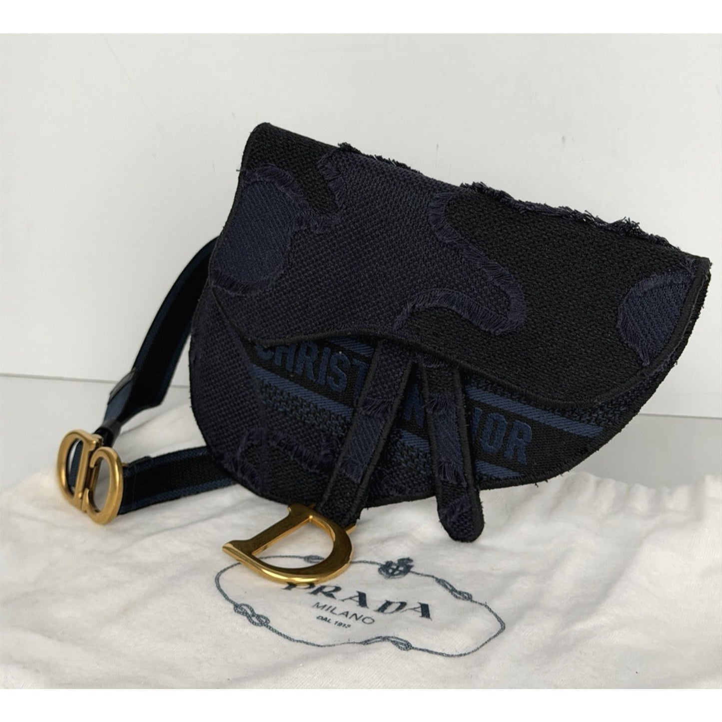Christian Dior Saddle Belt Bag Mini Canvas Embroidered Camouflage in Blue S07